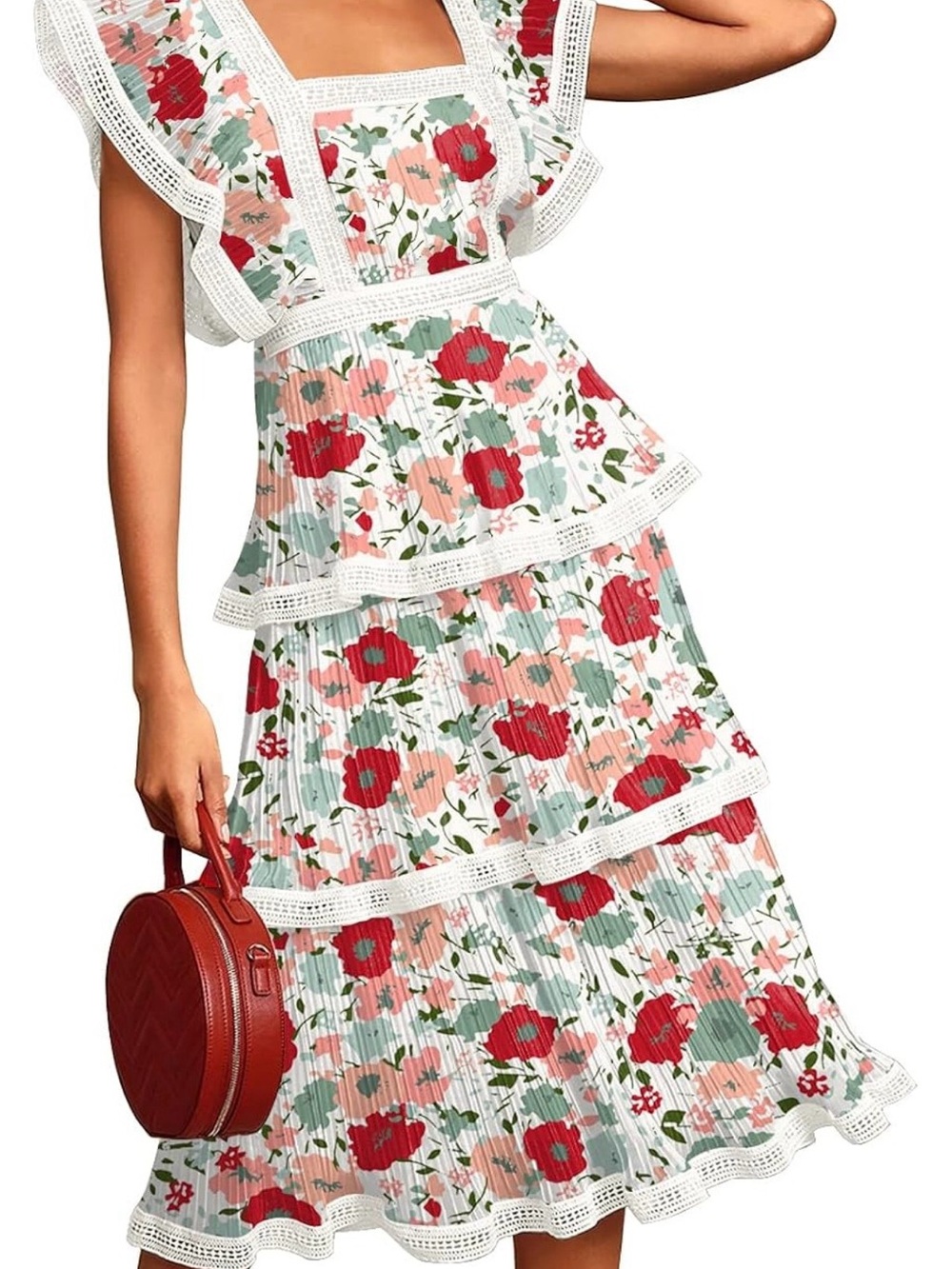 Amazon Floral Tiered Midi Dress in White, Red, Pink